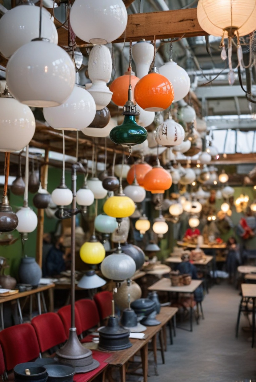 Candeeiros suspensos e de mesa estão expostos numa parede de uma montra de feira da ladra.