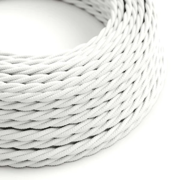 Câble électrique torsadé avec tissu de couleur unie appliqué en soie artificielle blanc.