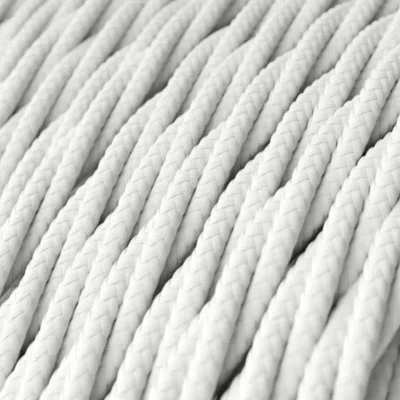 Câble électrique torsadé avec tissu de couleur unie en coton blanc. Câble textile blanc brillant - TM01 tressé 2x0,75mm.