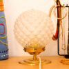 La lampe à poser est composée d'un globe en verre style pomme de pain. Le globe en verre est ciselé et dépoli. Il repose sur une base en laiton brossé et alimenté par un câble électrique neuf recouvert d'une gaine en tissus. Un porte bijoux est présent sur l'image.
