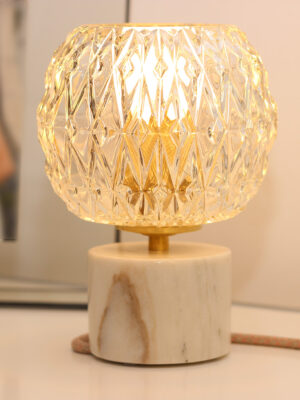 Vintage Table Lamp with an Engraved Glass Globe and a White Marble Base with Beige Veins.