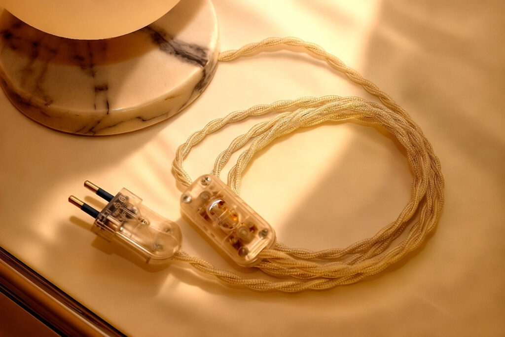 Lampe en marbre Vintage avec prise électrique et interrupteur. Câble électrique recouvert d'un tissus blanc Ivoire