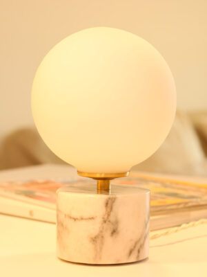 Spherical Opaline Table Lamp, on a White Marble Base with Grey Veins.