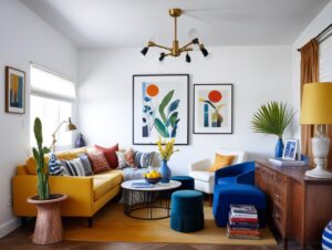 A vibrant living room featuring a yellow sofa, bold blue armchairs, and graphic wall art. A joyful and artistic atmosphere in line with 2025 interior design trends.