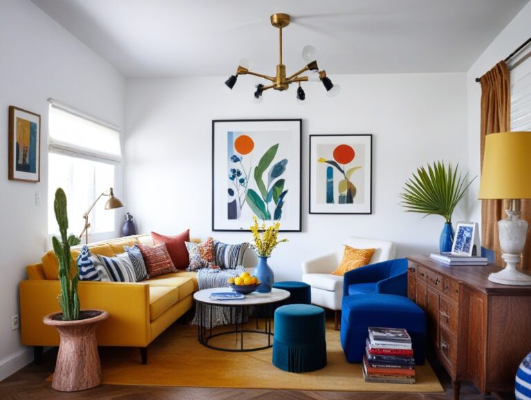 A vibrant living room featuring a yellow sofa, bold blue armchairs, and graphic wall art. A joyful and artistic atmosphere in line with 2025 interior design trends.