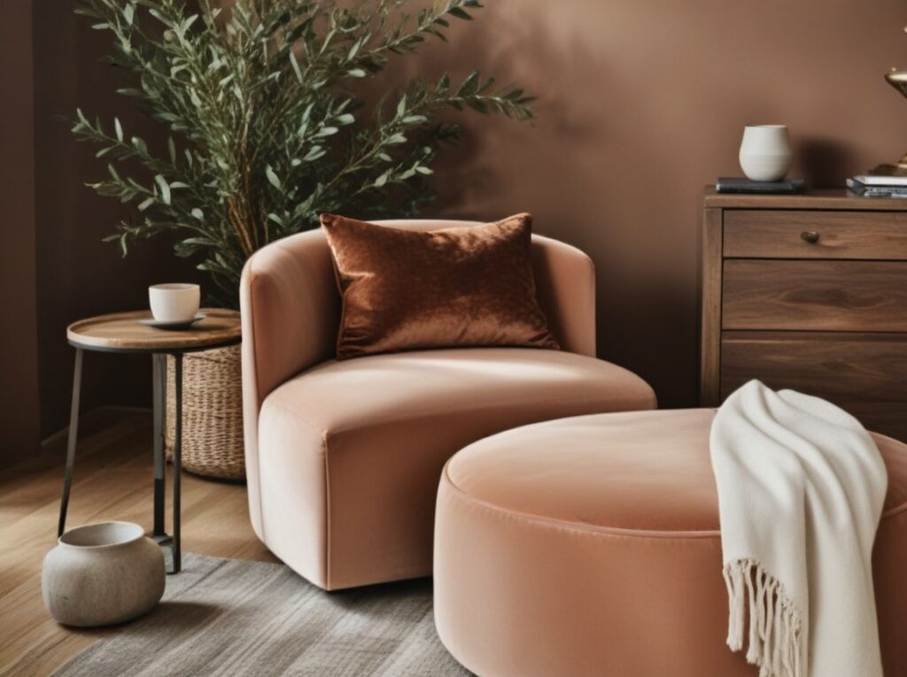 The interior features an armchair and an olive tree. The colours are mocha mousse.