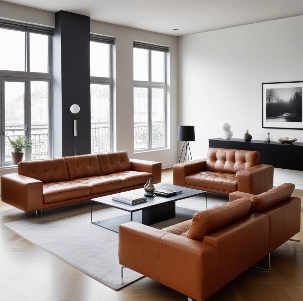 A contemporary living room elevated by three sleek caramel brown leather sofas. The blend of clean lines, noble materials, and warm tones sets the scene for a chic and cosy 2025 interior.
