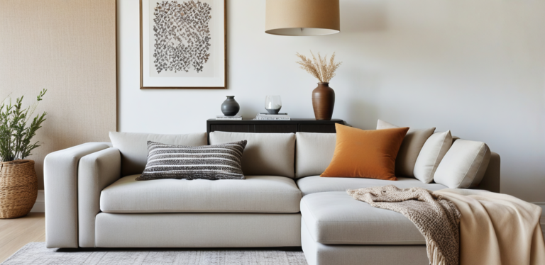 Cosy living room with neutral tones and natural materials, featuring a contemporary corner sofa — a perfect embodiment of 2025 interior trends.