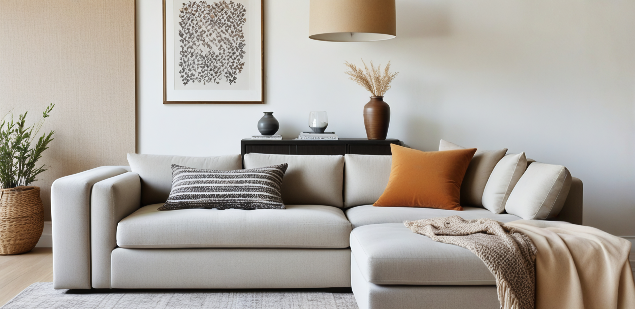 Cosy living room with neutral tones and natural materials, featuring a contemporary corner sofa — a perfect embodiment of 2025 interior trends.