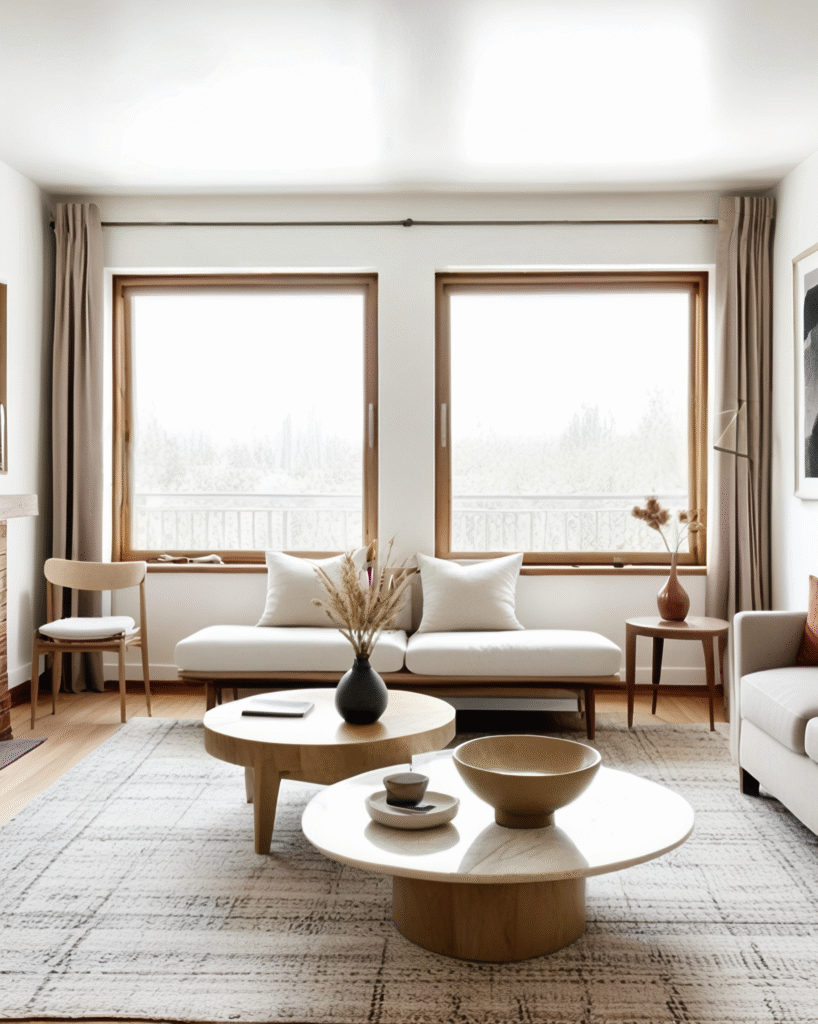 Salon moderne avec grande fenêtre et décoration minimaliste.