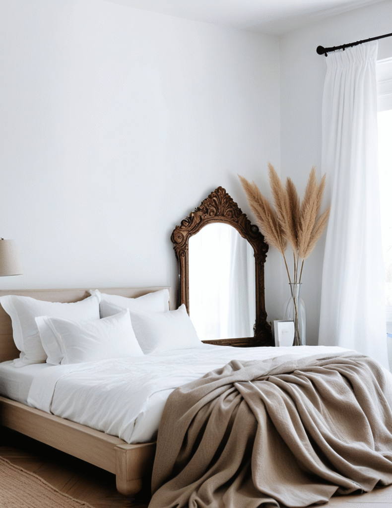 Cama em madeira clara com roupa branca, manta bege, espelho antigo esculpido e vaso com flores de erva-de-pampa num quarto luminoso – Alfama Chic.