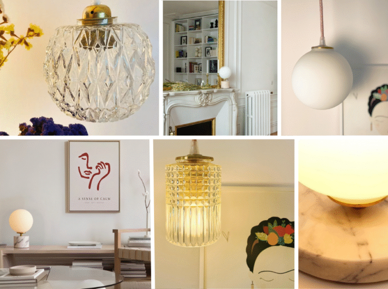 Collage of Alfama Chic vintage lighting: cut-glass pendant, opaline table lamp on a marble base, and illuminated Haussmann-style interior