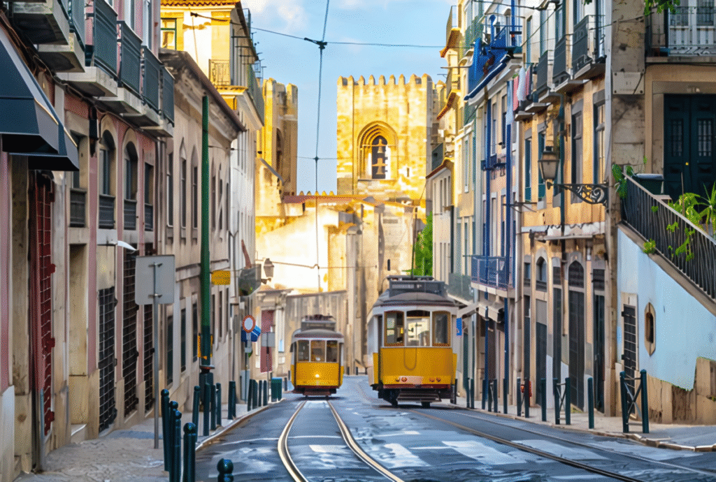 Quartier d'Alfama à Lisbonne. Tramway jaune dans une rue pavée ensoleillée.