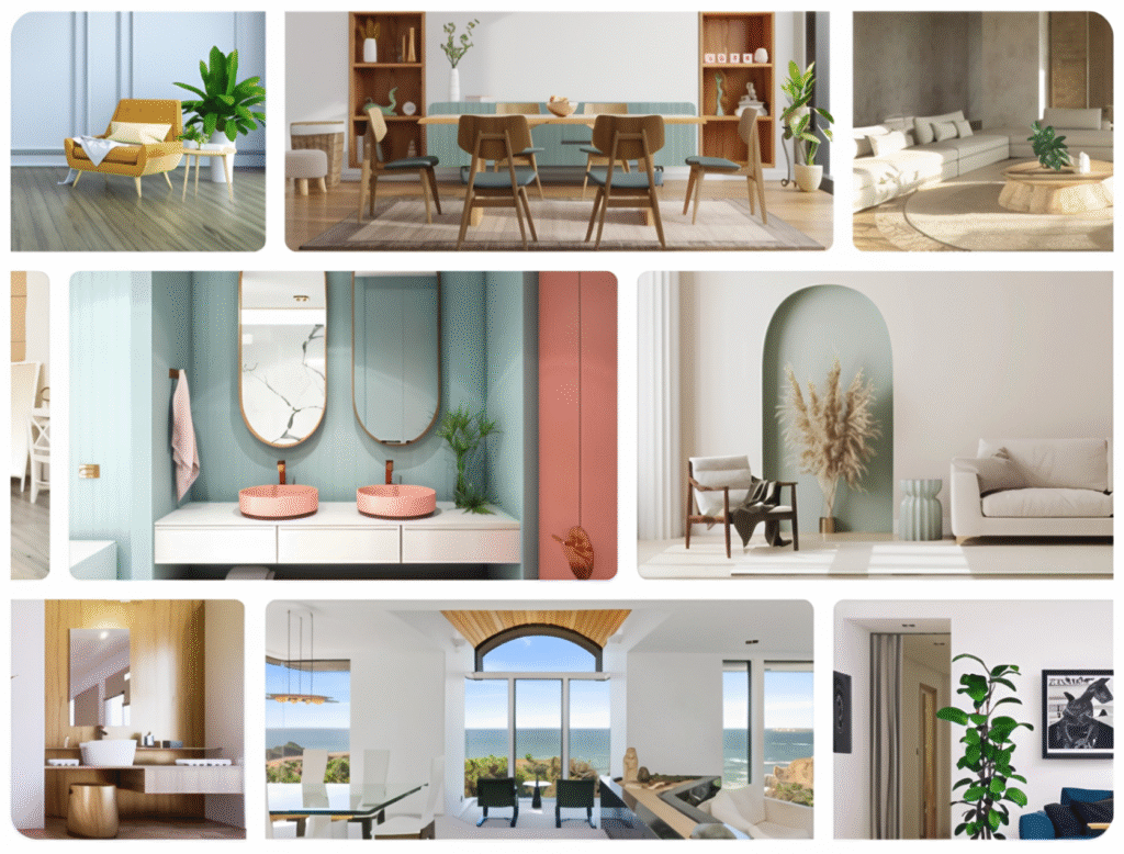 2025 Décor Inspiration Board: Scandinavian living room, contemporary dining area, cosy reading nook, pastel bathroom and minimalist sea view – modern interior design ideas
