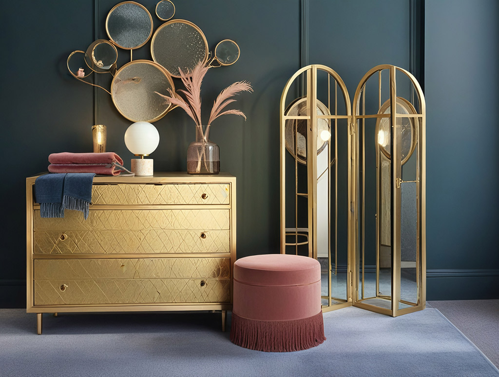Commode dorée avec lampe opaline et vase décoratif, miroir mural design, pouf rose et paravent doré devant un mur bleu canard