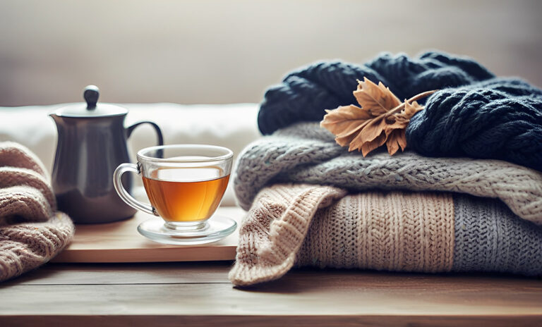 Hot tea with knitted sweaters and autumn leaf