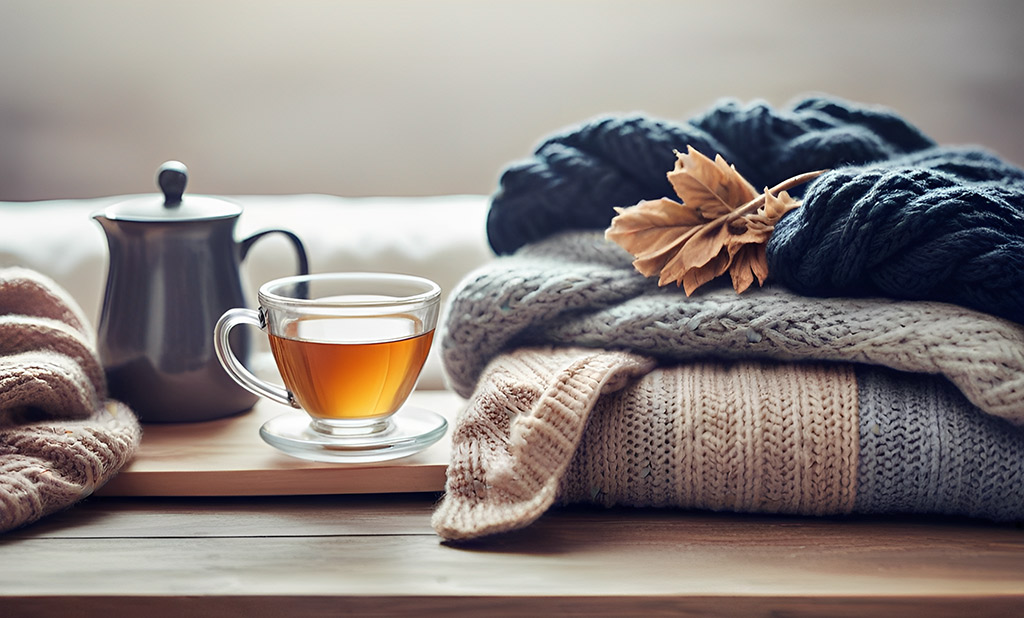 Tasse de thé chaud avec pulls en laine et feuille d’automne