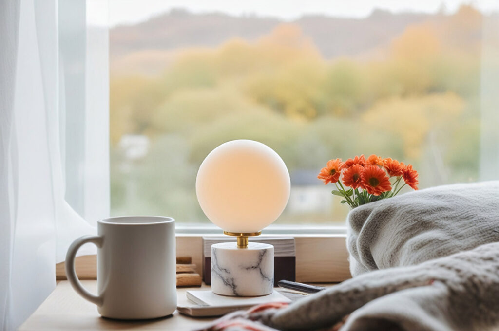 Lampe à poser opaline avec base en marbre, tasse et fleurs, vue automnale