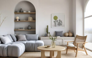 Japandi living room with light grey sofa, wooden coffee table, woven chair and minimalist decor in a bright atmosphere.
