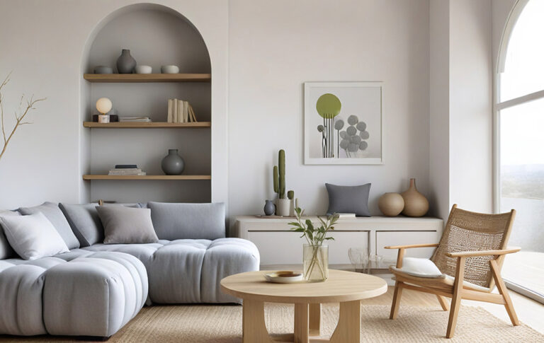 Japandi living room with light grey sofa, wooden coffee table, woven chair and minimalist decor in a bright atmosphere.