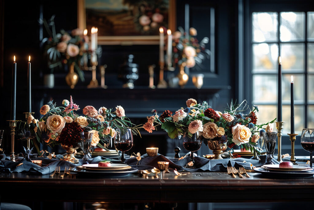 Table d’Halloween élégante décorée de chandeliers, bougies et fleurs automnales dans des tons sombres et raffinés – Alfama Chic.