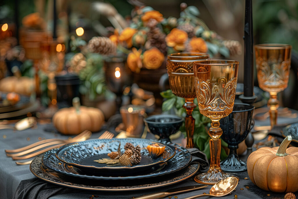 Gros plan d’une vaisselle Halloween chic avec assiettes noires, verres ambrés décorés, couverts dorés et citrouilles miniatures – Alfama Chic.