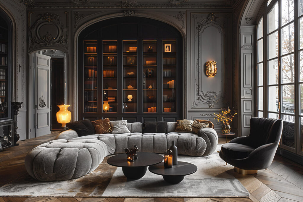 Salon haussmannien élégant avec canapé design, bibliothèque rétro-éclairée, lampe d’appoint et ambiance tamisée – Alfama Chic.