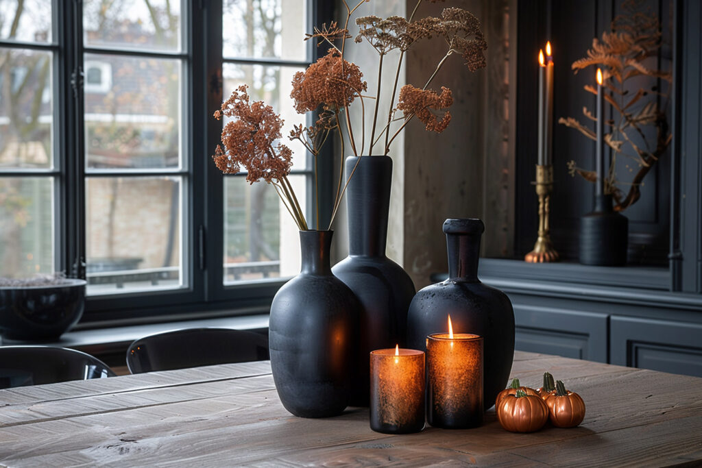 Vases noirs mats avec fleurs séchées, bougies tamisées et mini-citrouilles dorées pour une décoration Halloween chic – Alfama Chic.