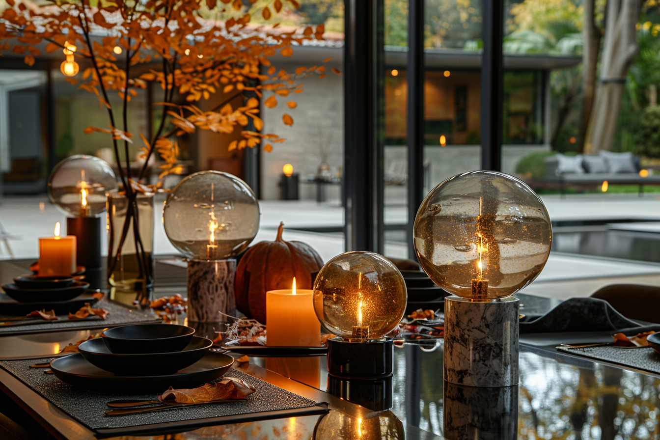 Mesa de Halloween com candeeiros de vidro bolha, bases em mármore, velas e loiça preta – Alfama Chic.