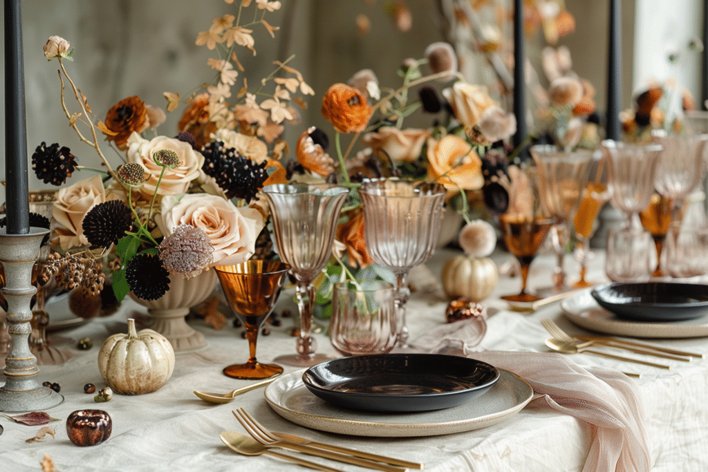 Table d’Halloween élégante avec vaisselle noire mate, couverts dorés, verres ambrés et fleurs automnales – Alfama Chic.
