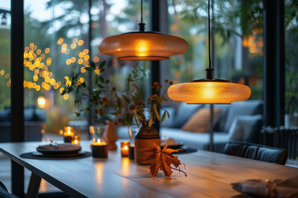 Suspensions en verre texturé avec lumière douce au-dessus d’une table en bois, décor automnal avec bougies et feuilles – Alfama Chic.