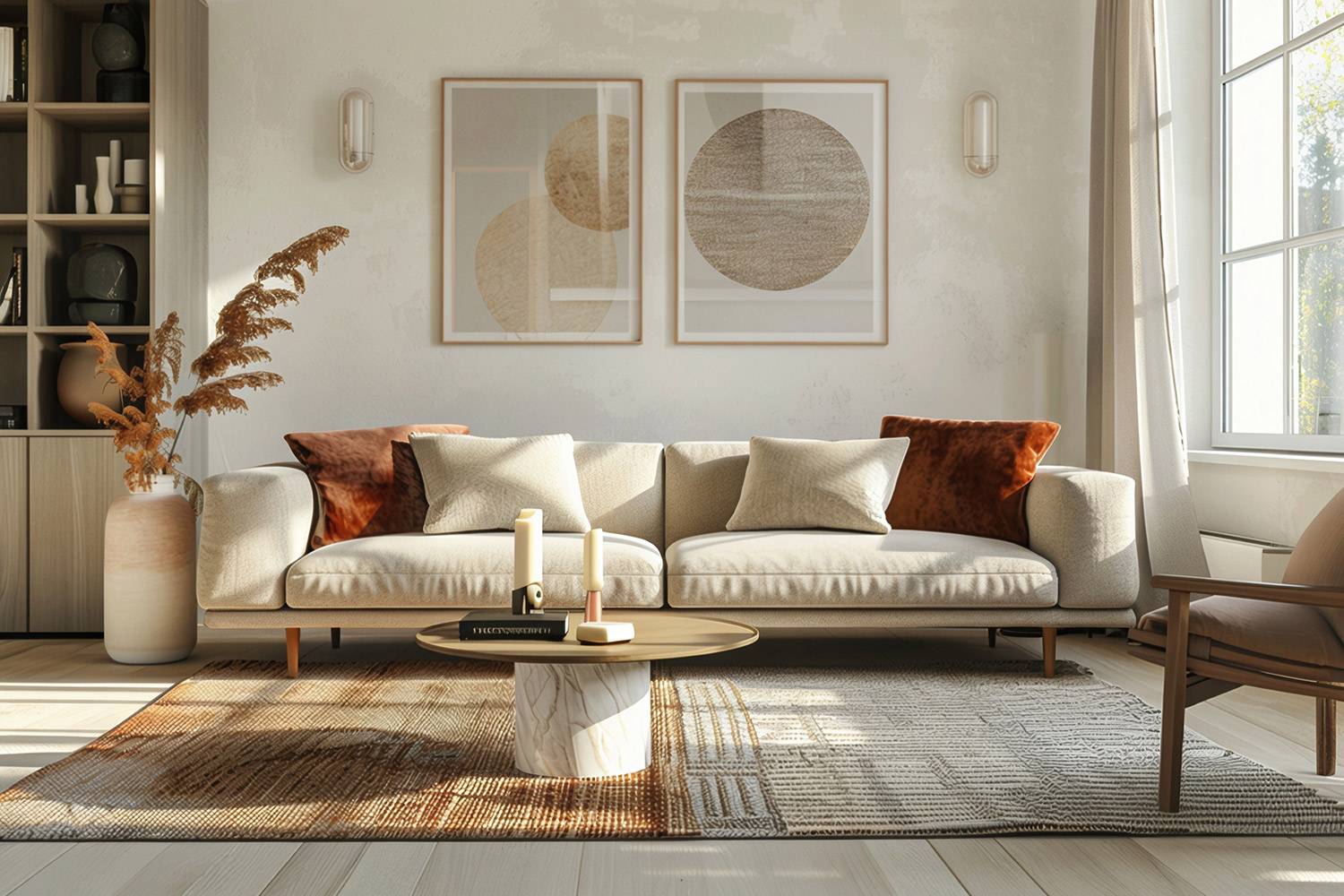 Sala moderna minimalista com sofá bege, almofadas terracota, tapete texturizado e decoração em tons suaves naturais.