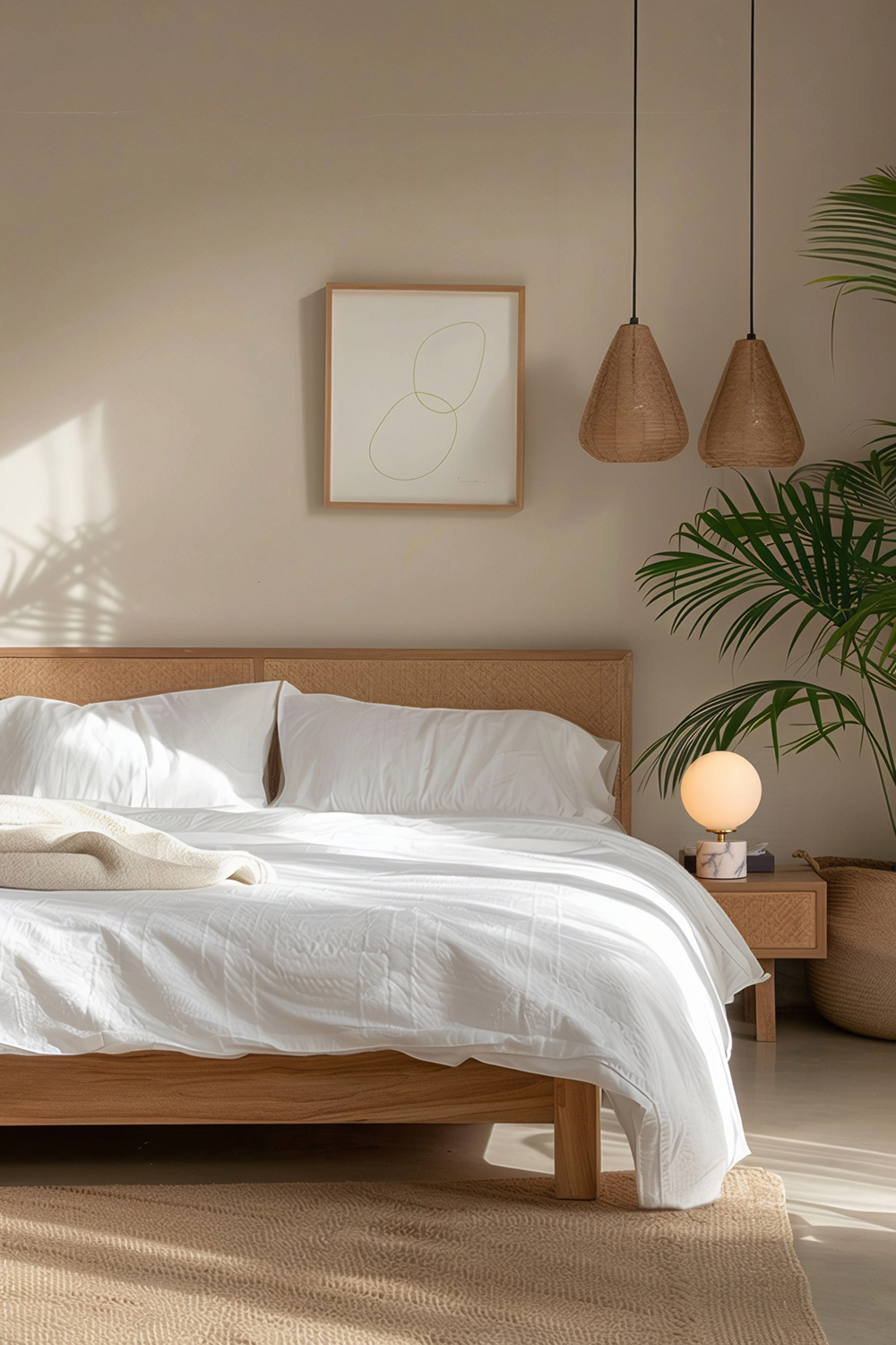 Candeeiro de mesa em opalina e mármore sobre mesa de madeira clara, quarto moderno com pendentes em vime – Alfama Chic.