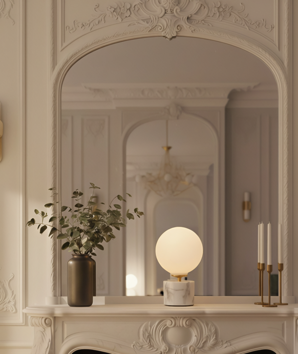 Candeeiro em mármore e opalina sobre uma lareira, a criar uma luz suave e quente num ambiente requintado Alfama Chic.élégante avec vase et lampe moderne.