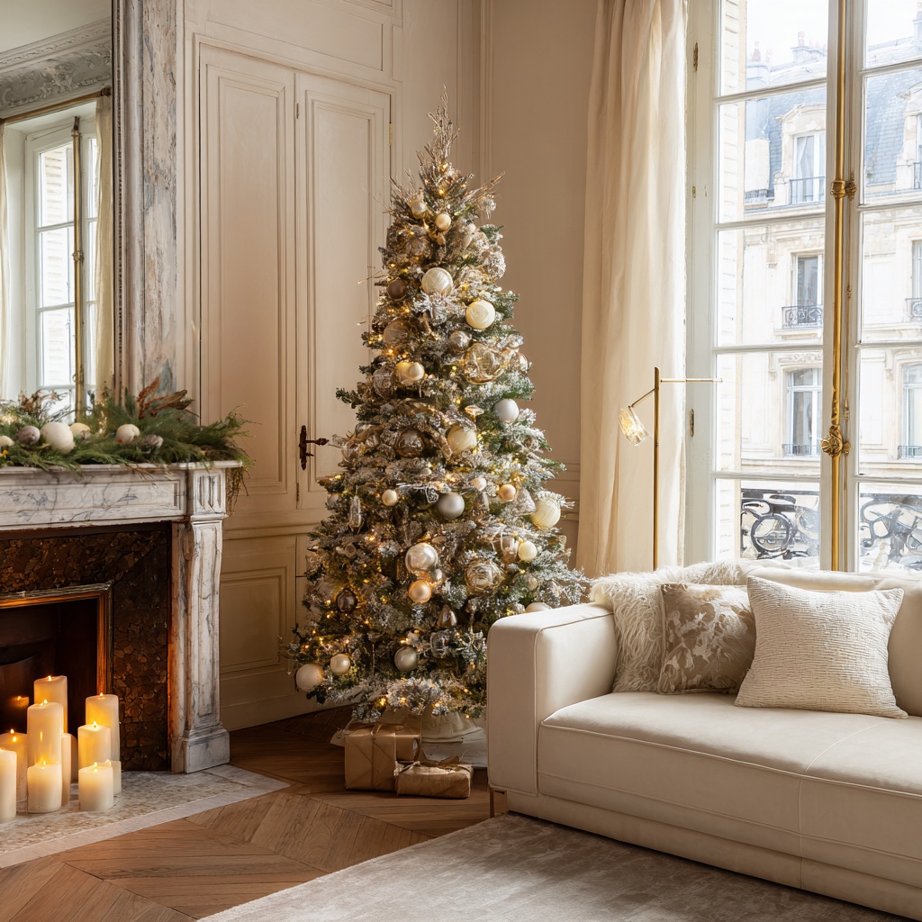 Sala decorada para o Natal com árvore iluminada, velas e candeeiro Alfama Chic em latão e vidro opalino que cria uma luz quente e acolhedora.