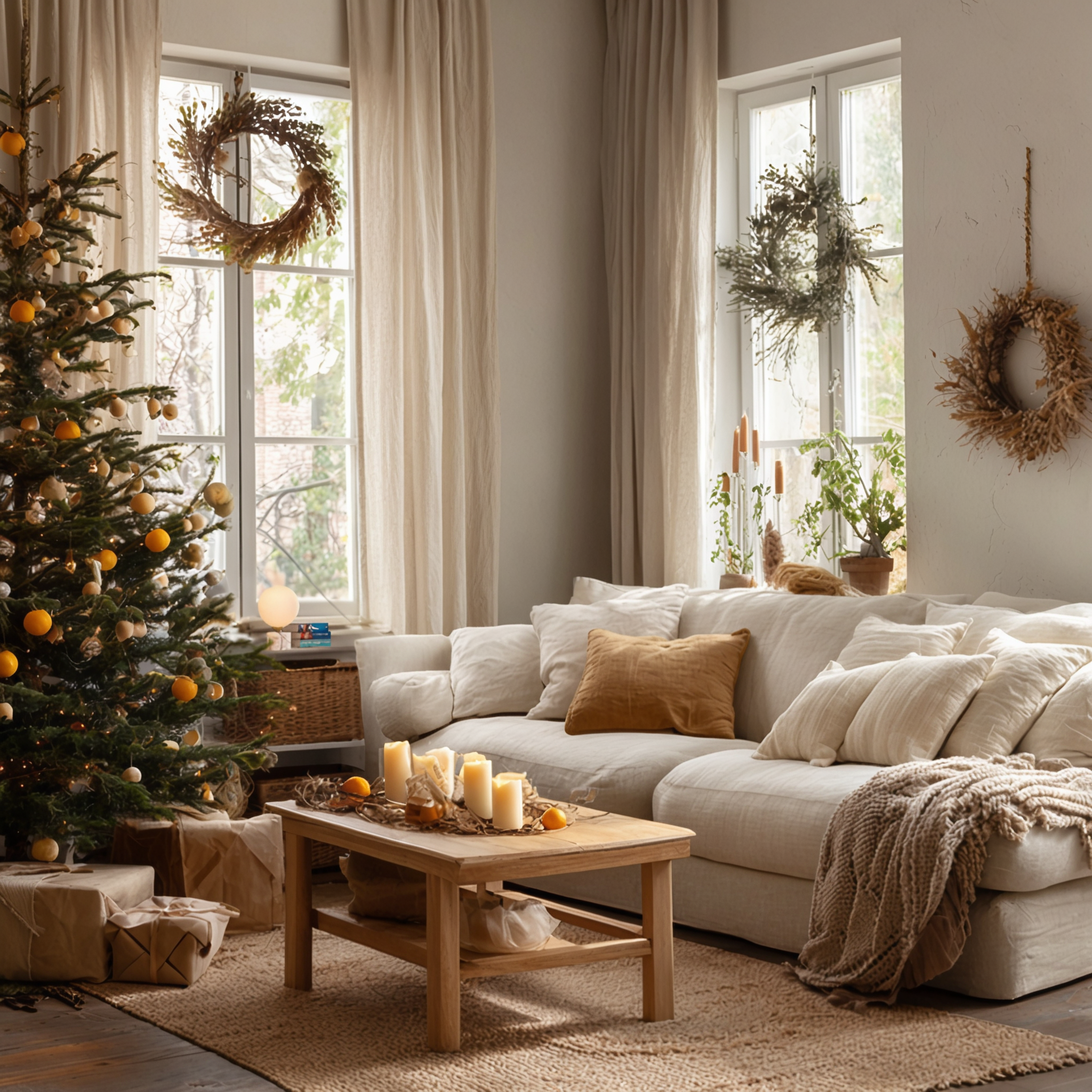 Sala de estar decorada para o Natal com árvore, velas e luz suave, num ambiente caloroso e autêntico Alfama Chic.