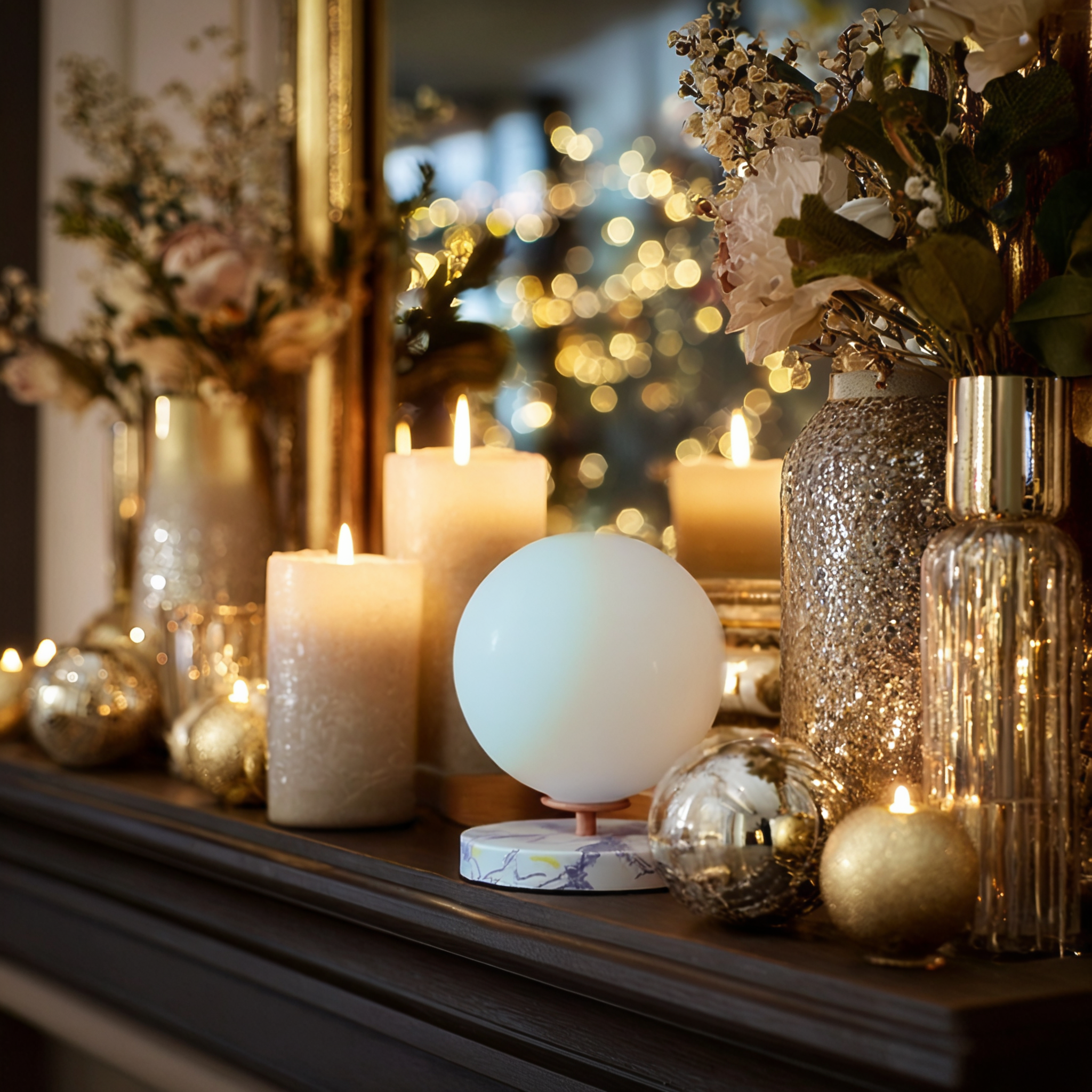 Candeeiro Alfama Chic em opalina sobre uma lareira decorada com velas e enfeites dourados, criando uma luz quente e festiva.