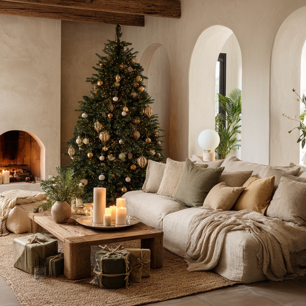 Sala de estar em estilo natural com árvore de Natal decorada, velas acesas, almofadas bege e candeeiro Alfama Chic em opalina sobre a mesa lateral.