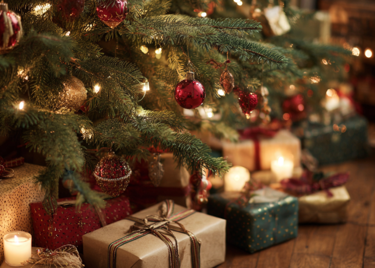 Presentes embrulhados em papel kraft aos pés de uma árvore decorada com bolas vermelhas e douradas, iluminada por velas, criando um ambiente quente e festivo.