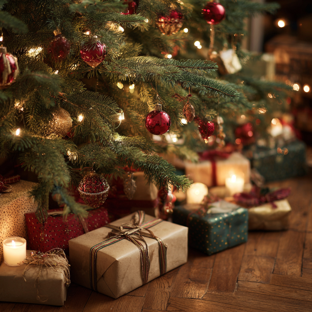 Presentes embrulhados em papel kraft aos pés de uma árvore decorada com bolas vermelhas e douradas, iluminada por velas, criando um ambiente quente e festivo.