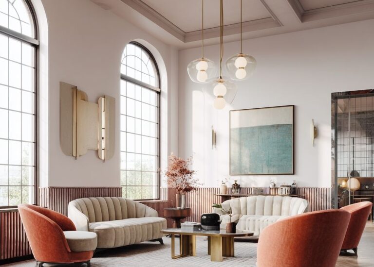 Ambiance Art Déco chic : fauteuils terracotta, sofas crème, laiton et verre opalin sous lumière naturelle pour un salon raffiné.