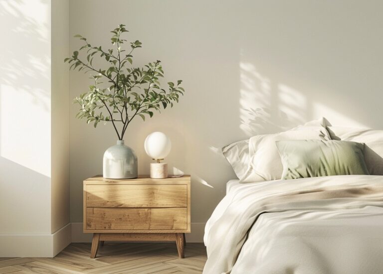 Chambre à coucher minimaliste avec parquet en chevron, table de chevet en bois et lampe de chevet Alfama Chic diffusant une lumière douce.