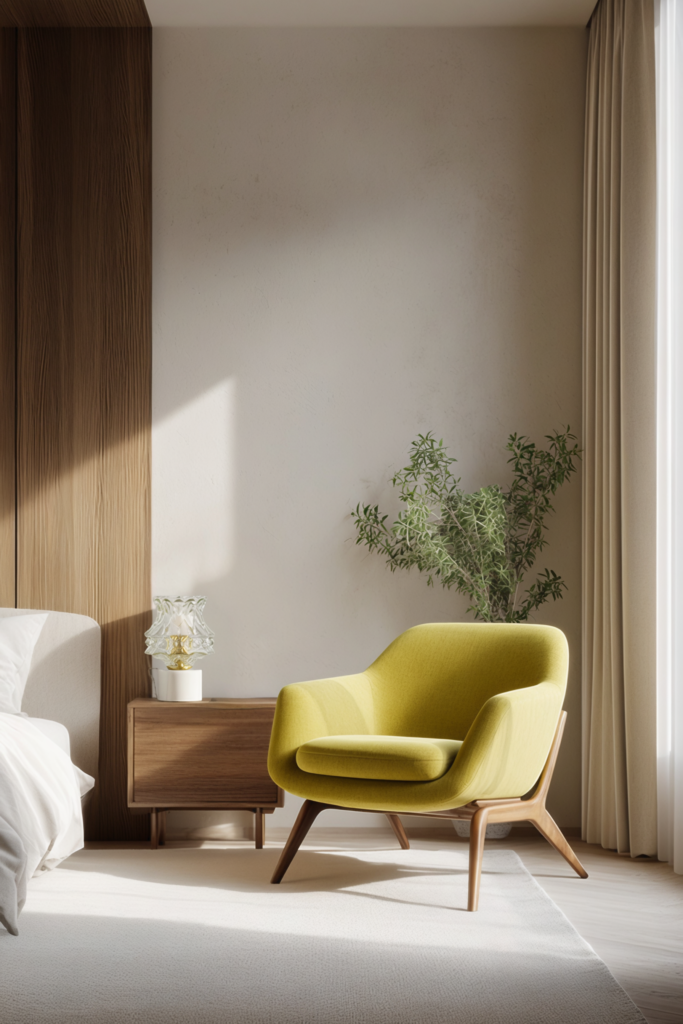 Chambre minimaliste avec fauteuil wasabi, lampe de chevet Alfama Chic en verre opalin et lumière douce créant une ambiance chaleureuse.