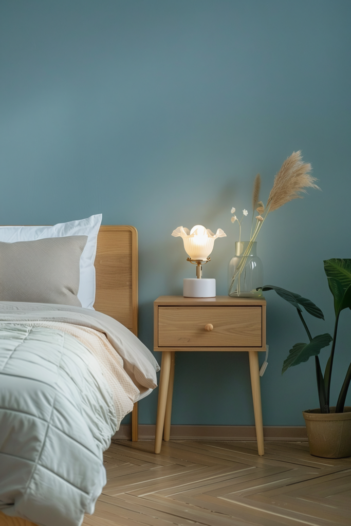 Chambre minimaliste avec mur bleu doux, table de chevet en bois et lampe Alfama Chic en verre opalin créant une ambiance chaleureuse.