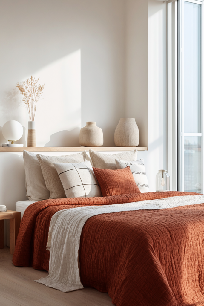 Chambre minimaliste avec couvre-lit terracotta, coussins naturels et lampe à poser diffusant une lumière douce près du lit
