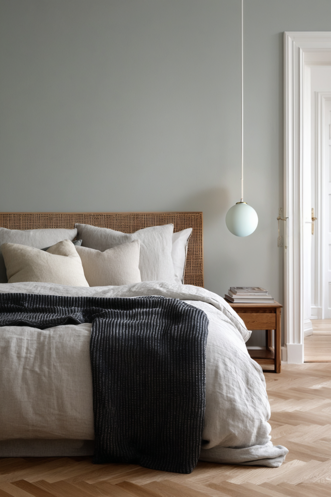 Chambre minimaliste avec lit habillé de linge clair, tête de lit en rotin, parquet en chevrons et suspension opaline diffusant une lumière douce