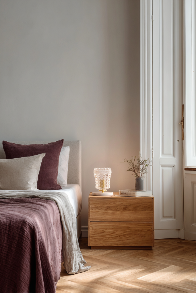 Chambre élégante avec lit et lampe design.