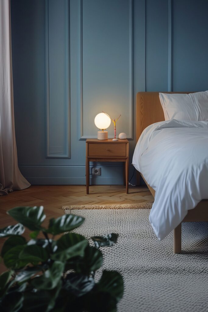 Chambre élégante avec mur bleu, lit habillé de linge blanc, table de chevet en bois et lampe globe opaline créant une lumière douce et apaisante