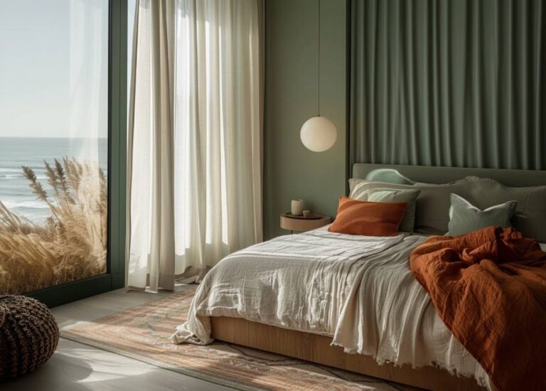 Quarto tendência 2026 com parede verde sálvia, roupa de cama bege natural e suspensão em vidro opalino com luz quente junto ao mar.