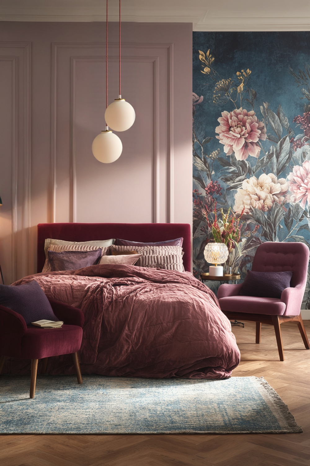 Suspension Louna à deux globes en verre opaline dans une chambre mauve avec tête de lit en velours et mur floral